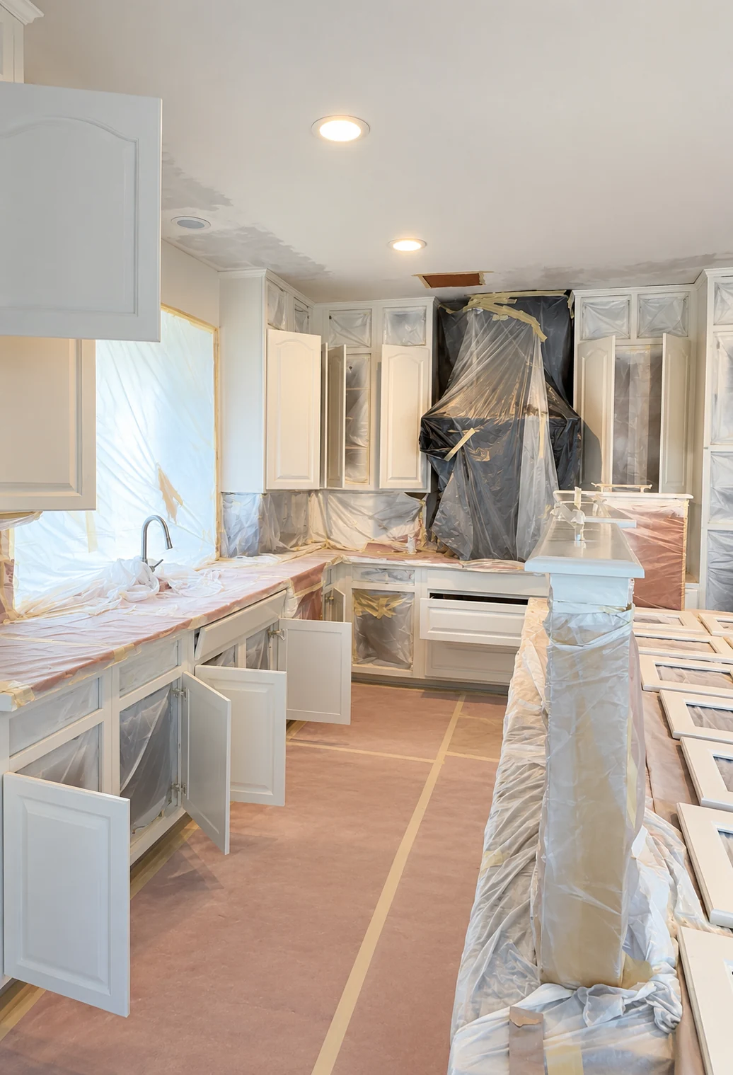 Kitchen cabinets prepared for painting with taped plastic masking, covered countertops, and protective floor paper