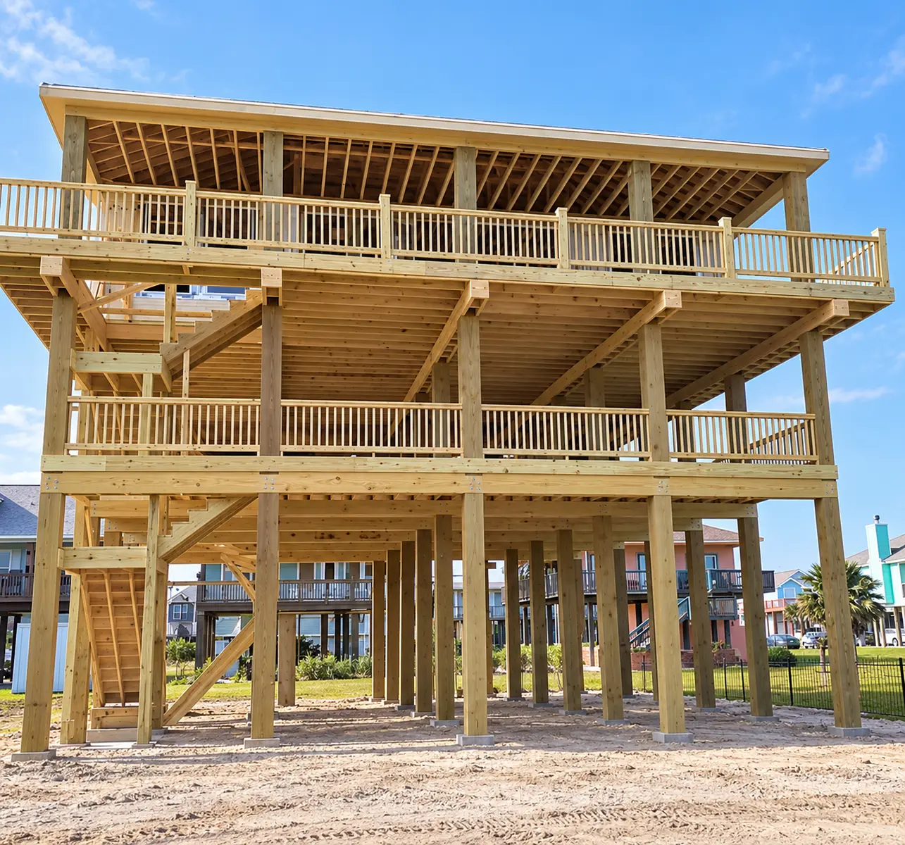 Elevated custom home framing and decks · Galveston Tx