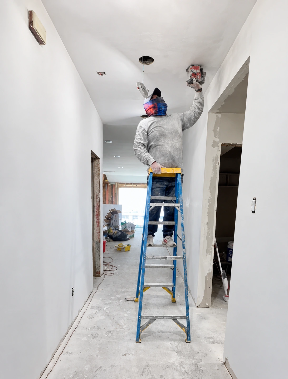 Worker on a ladder preparing a ceiling with a handheld tool