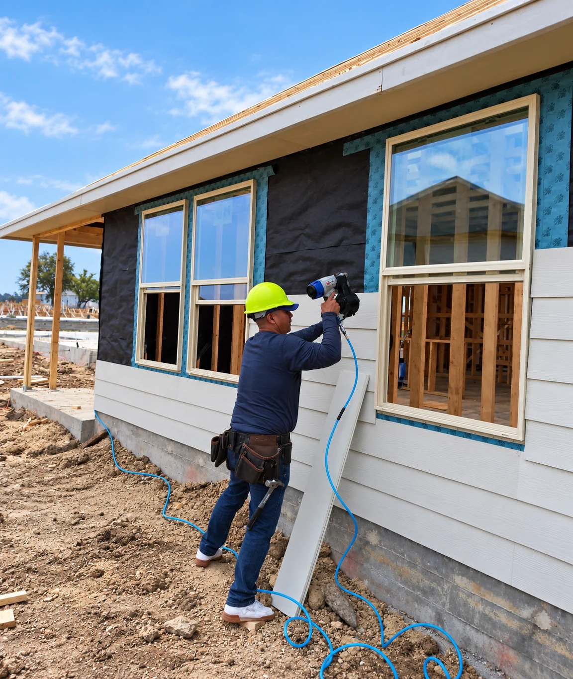 Silvano Conejo installing exterior lap siding with a pneumatic nail gun